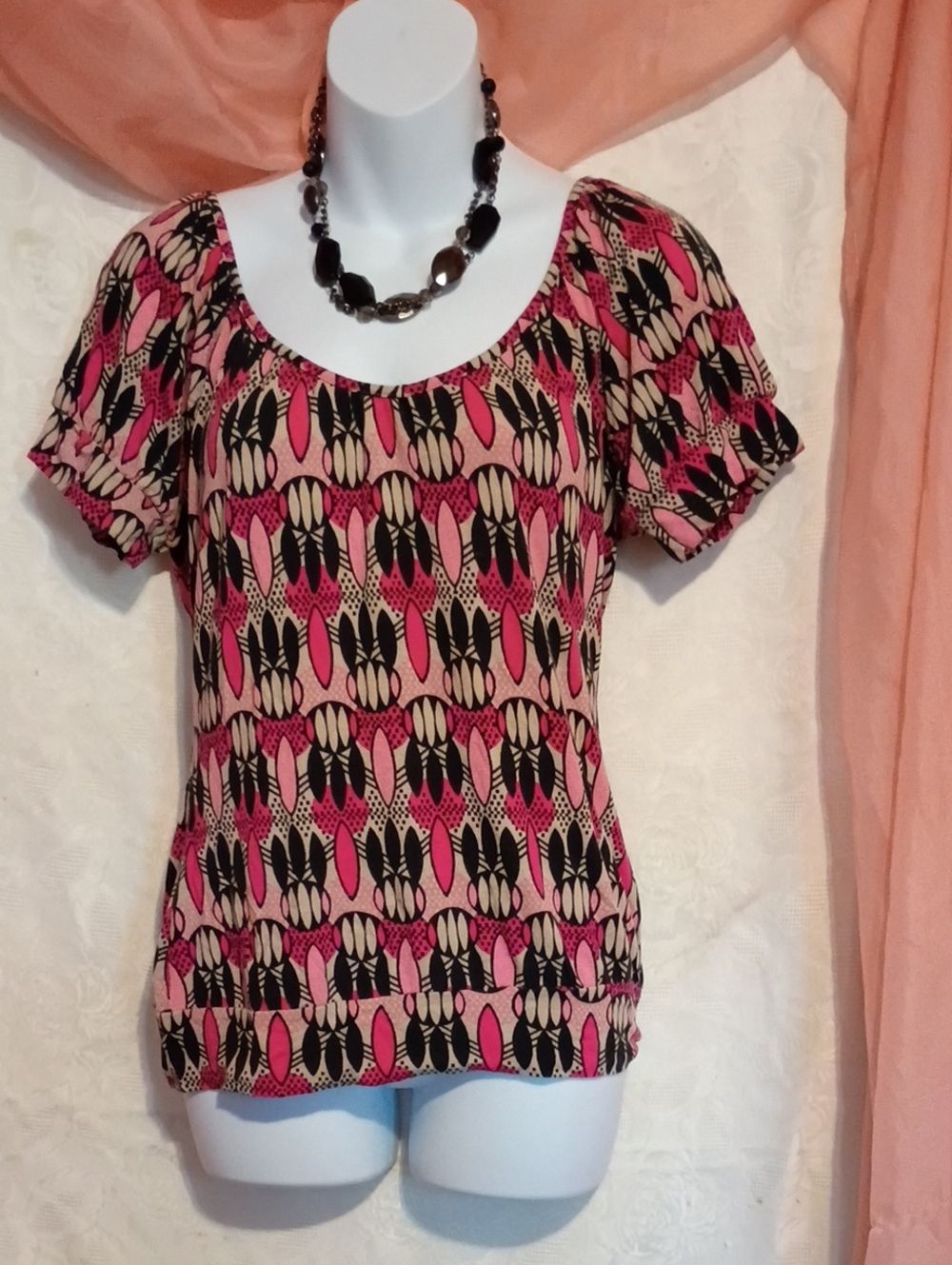 H&M Ladies Pink and Black Puff Sleeve Smocked Blouse Sz Sm